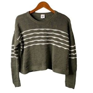 CAbi Olive Green Striped Crew Neck Sweater
